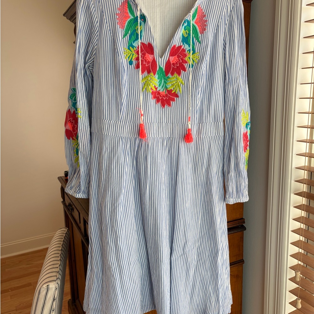 Boden Blue Striped Long Sleeve Dress with Floral Embroidery